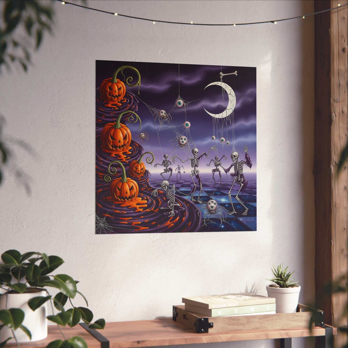 Surreal Halloween Fine Art Print – Dancing Skeletons, Melting Pumpkins & Gothic Moon Wall Art Poster, Spooky Surrealism Decor