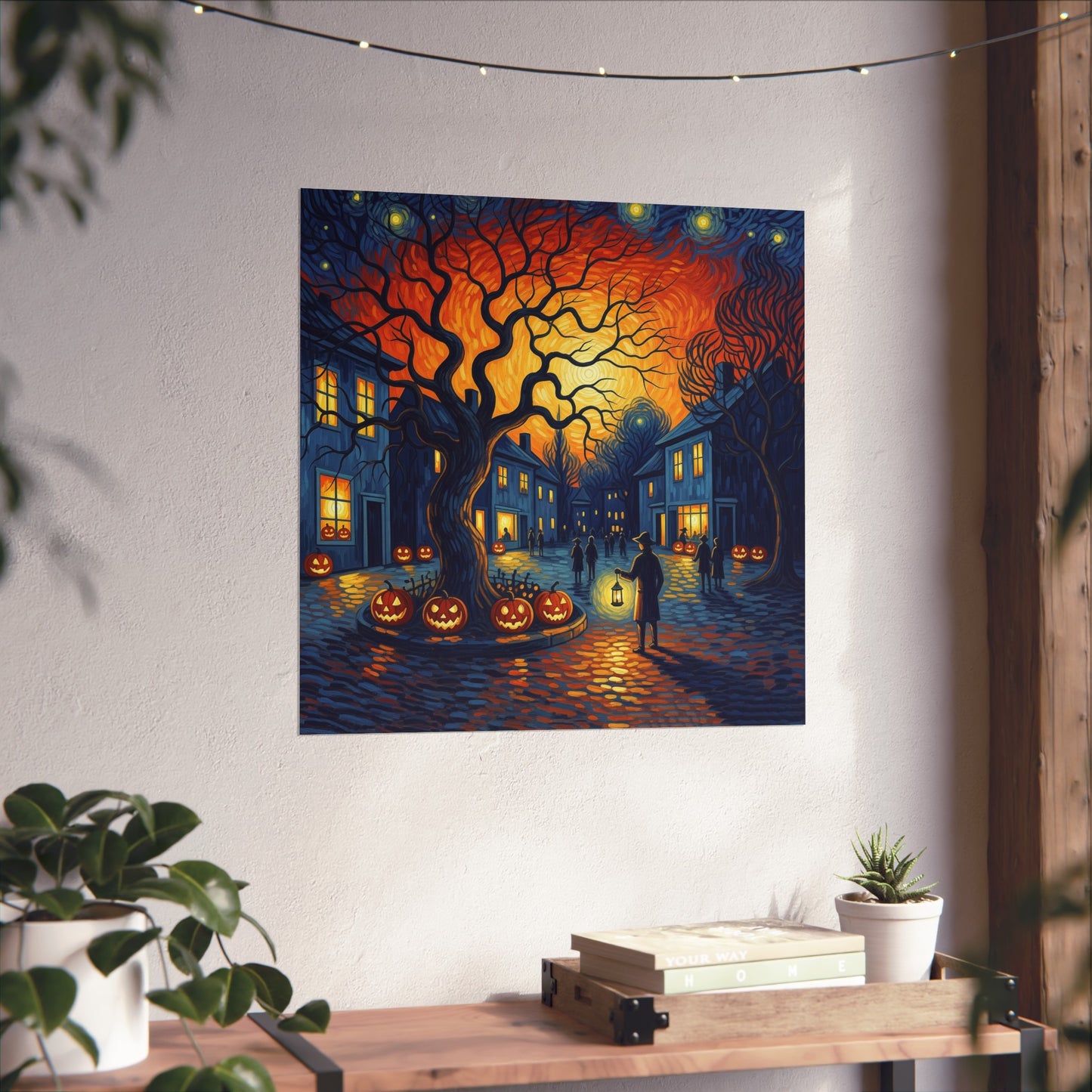 Halloween Town Square Fine Art Print – Post-Impressionist Pumpkin Lanterns & Glowing Night Sky Wall Art Poster