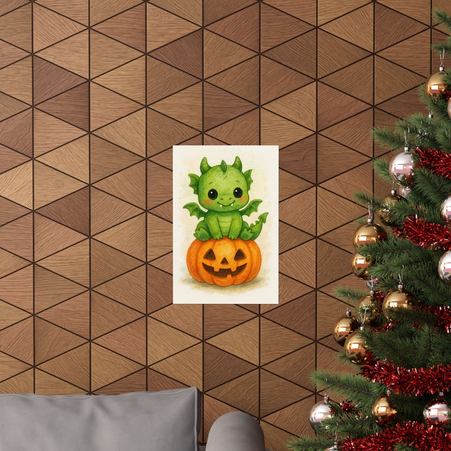 Cute Baby Dragon Monster Halloween Wall Art Poster – Watercolor Monster Print on Pumpkin – Whimsical Nursery & Holiday Decor