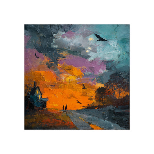 Halloween Haunted House Abstract Fine Art Print – Spooky Crow Sunset Painting, Autumn Wall Decor Poster, Gothic Fall Artwork