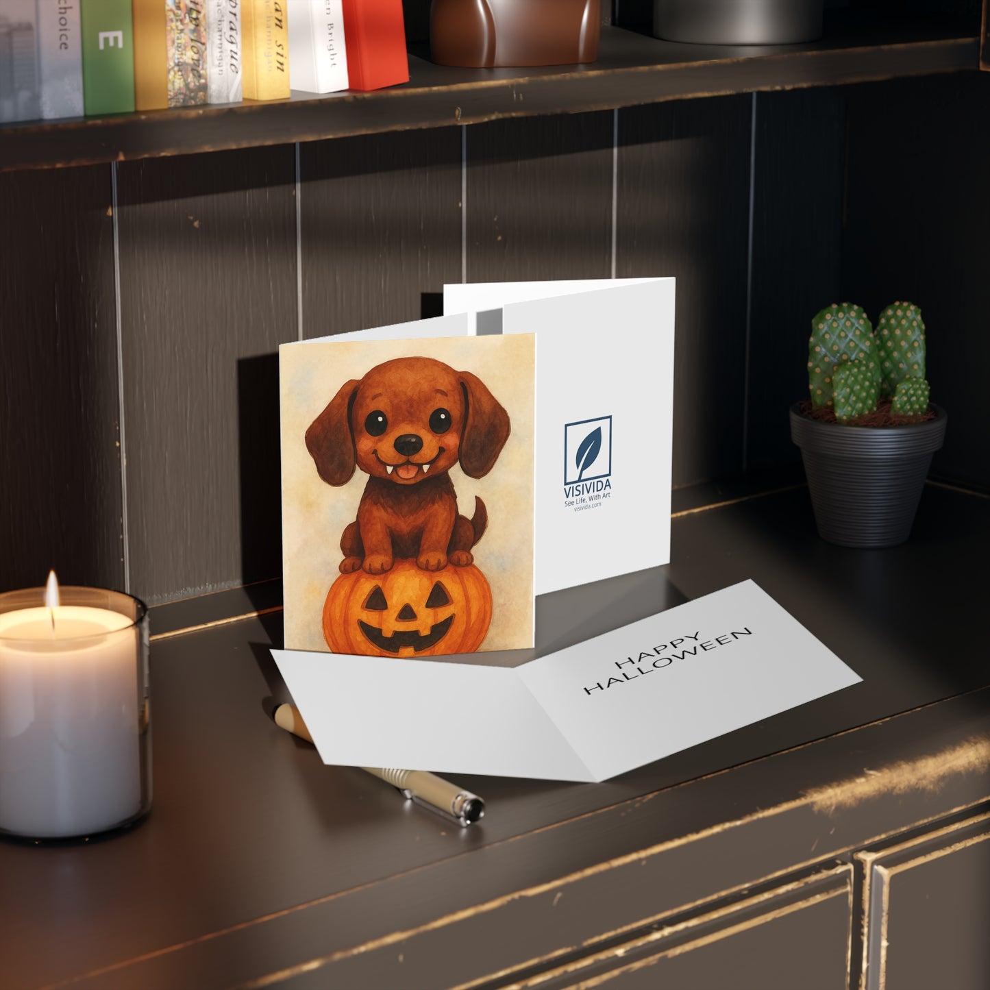 Halloween Dachshund Puppy Greeting Card – Cute Puppy Monster on Pumpkin – Spooky Cute Monster Card for Dog Lovers
