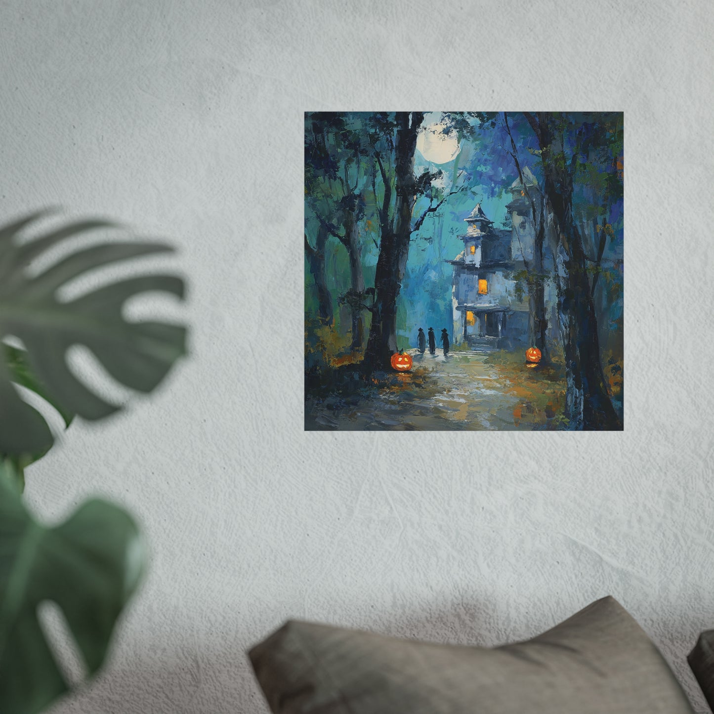 Haunted House Halloween Fine Art Poster – Spooky Jack-O’-Lanterns & Witches Wall Décor