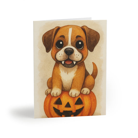 Halloween Boxer Puppy Greeting Card – Cute Puppy Monster on Pumpkin – Spooky Cute Monster Card for Dog Lovers