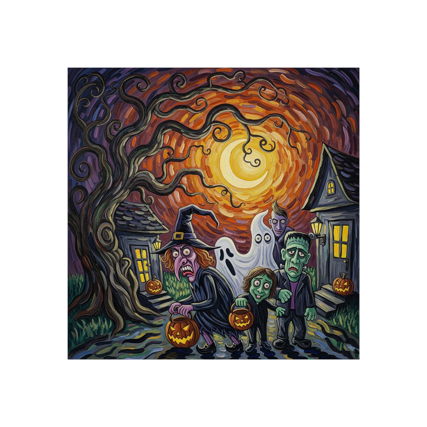 Halloween Monsters Fine Art Print – Post-Impressionist Wall Art Poster with Witch, Ghost, Frankenstein & Spooky Night Scene