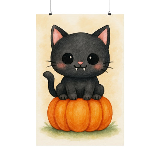 Cute Baby Black Cat Monster Halloween Wall Art Poster – Watercolor Monster Print on Pumpkin – Whimsical Nursery & Holiday Decor
