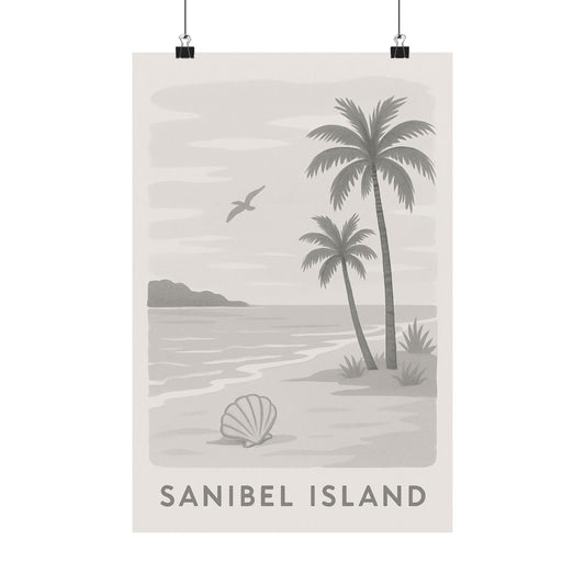 Sanibel Island Poster – Grey Tones - Retro Beach Travel Wall Art, Seashell & Palm Tree Coastal Print, Florida Vintage Decor