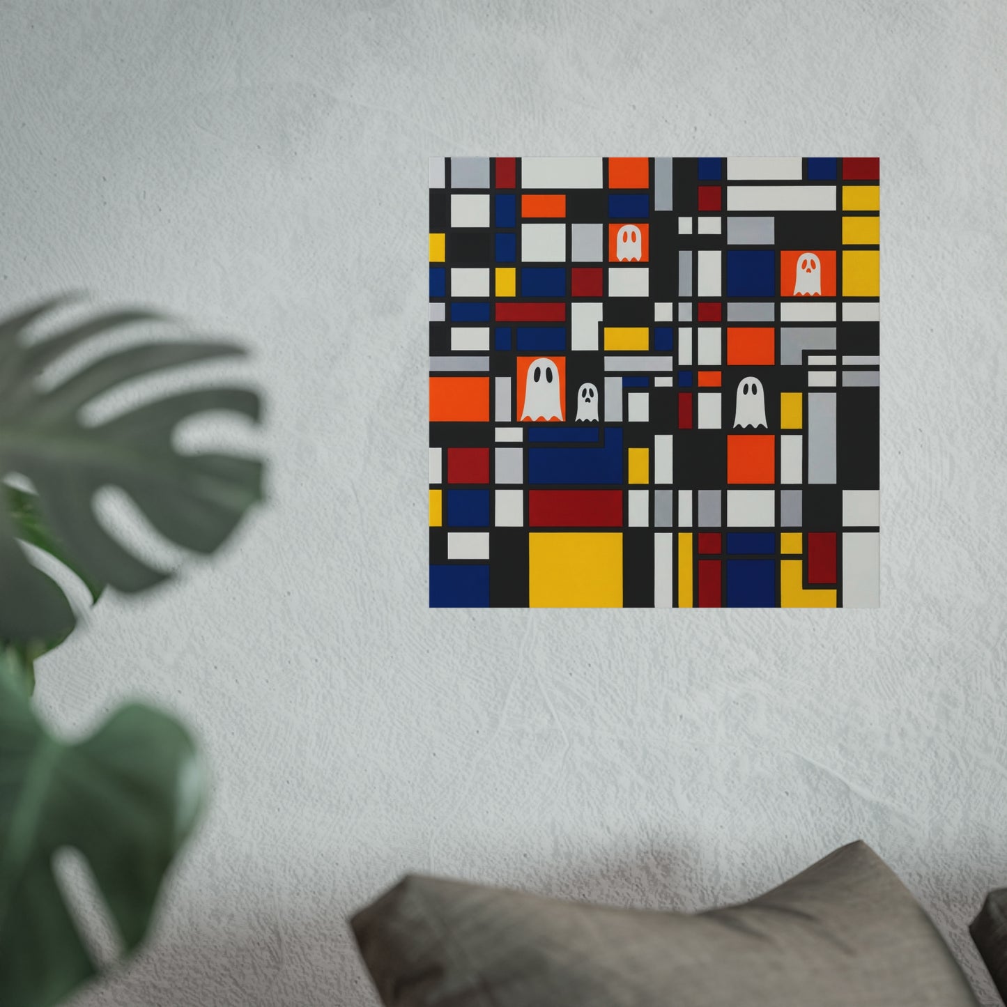 Modern Halloween Ghost Fine Art Print – Mondrian Style Abstract Wall Art Poster, Contemporary Spooky Autumn Decor