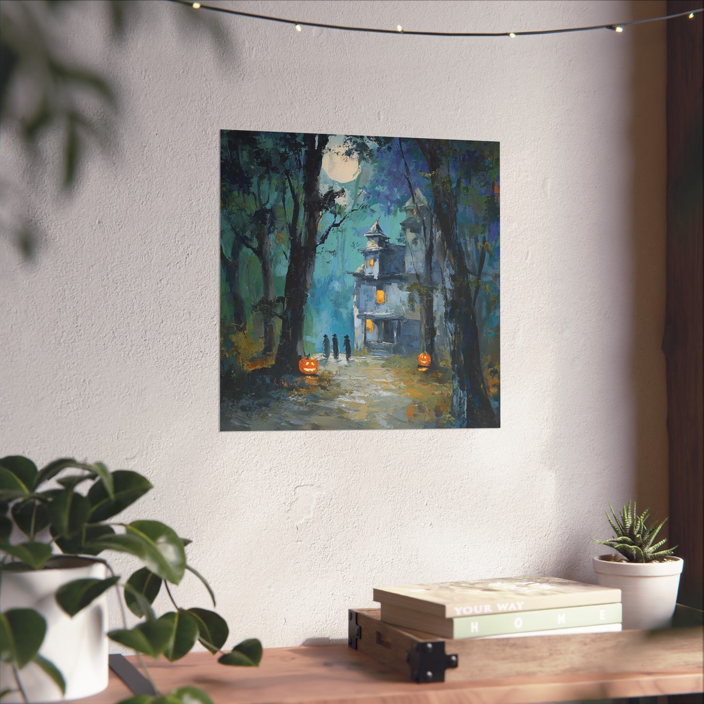 Haunted House Halloween Fine Art Poster – Spooky Jack-O’-Lanterns & Witches Wall Décor