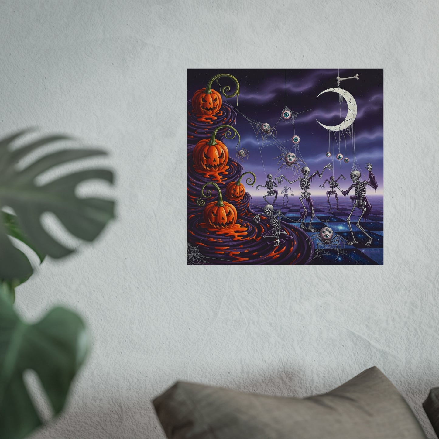 Surreal Halloween Fine Art Print – Dancing Skeletons, Melting Pumpkins & Gothic Moon Wall Art Poster, Spooky Surrealism Decor
