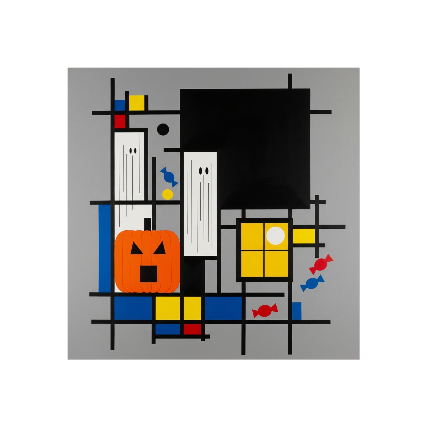 Modern Halloween Abstract Fine Art Print – Geometric Pumpkin, Ghosts & Candy Wall Art Poster, Mondrian Style Contemporary Decor