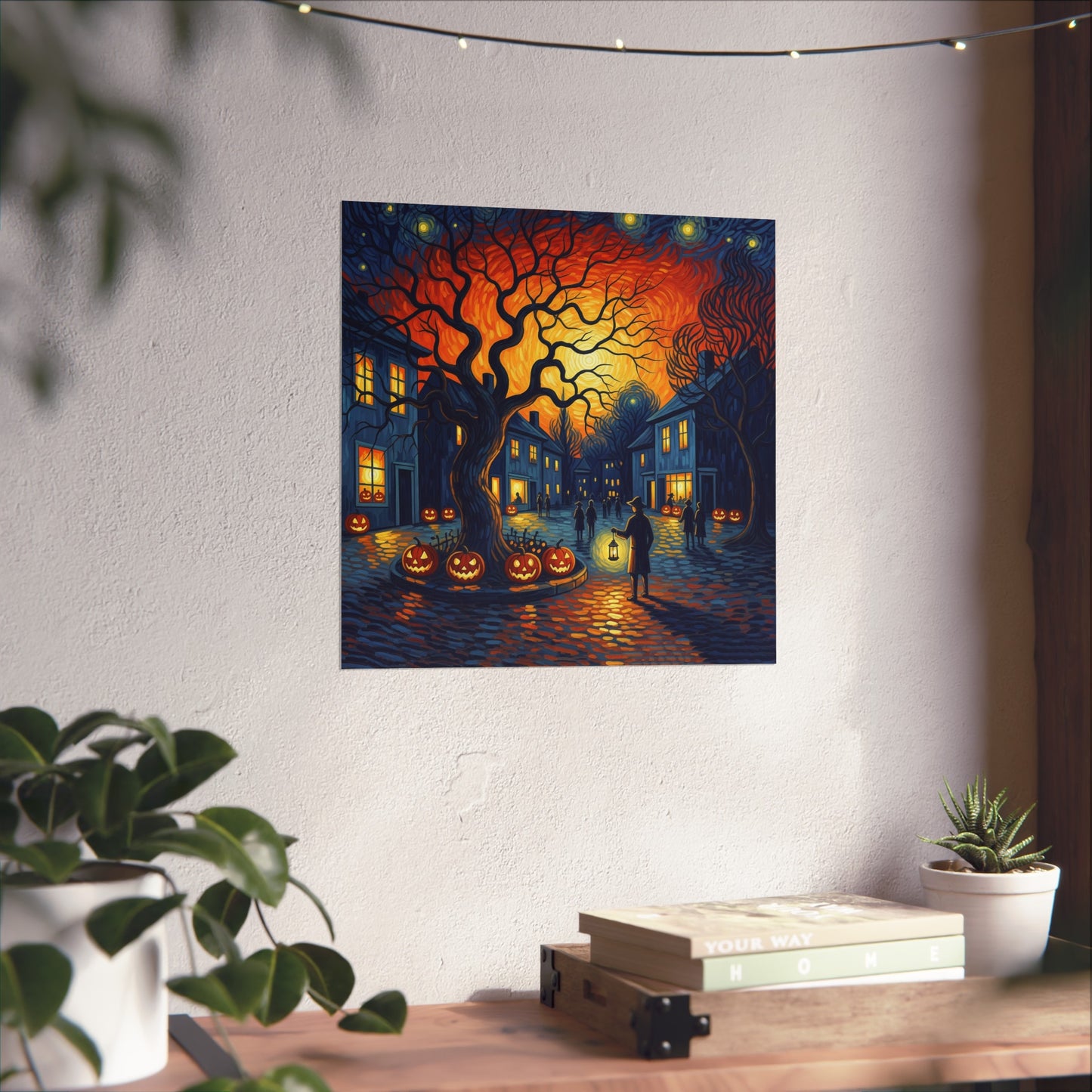 Halloween Town Square Fine Art Print – Post-Impressionist Pumpkin Lanterns & Glowing Night Sky Wall Art Poster