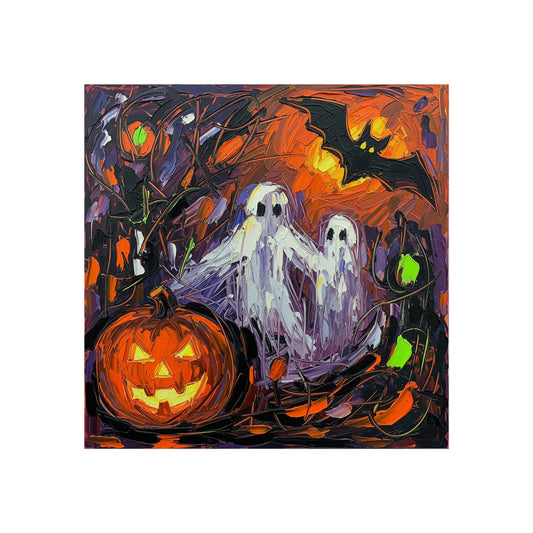 Halloween Ghosts & Pumpkin Abstract Fine Art Print – Spooky Bat Night Wall Art Poster, Painterly Gothic Autumn Decor