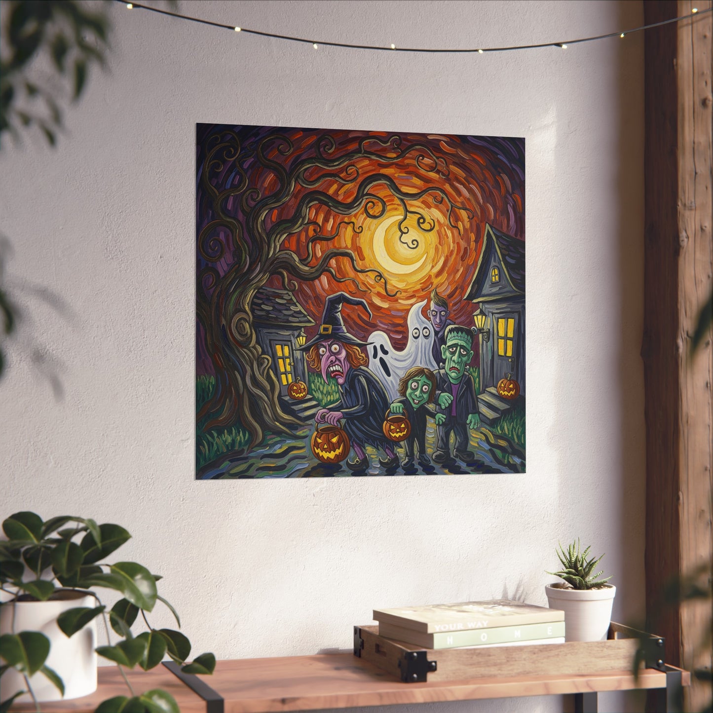 Halloween Monsters Fine Art Print – Post-Impressionist Wall Art Poster with Witch, Ghost, Frankenstein & Spooky Night Scene