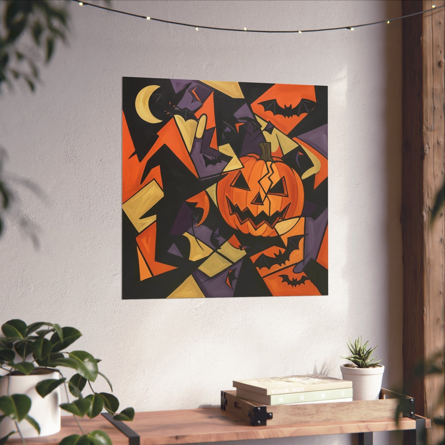 Halloween Cubist Abstract Fine Art Print β Geometric Pumpkin & Bat Wall Art Poster, Modern Spooky Autumn Decor
