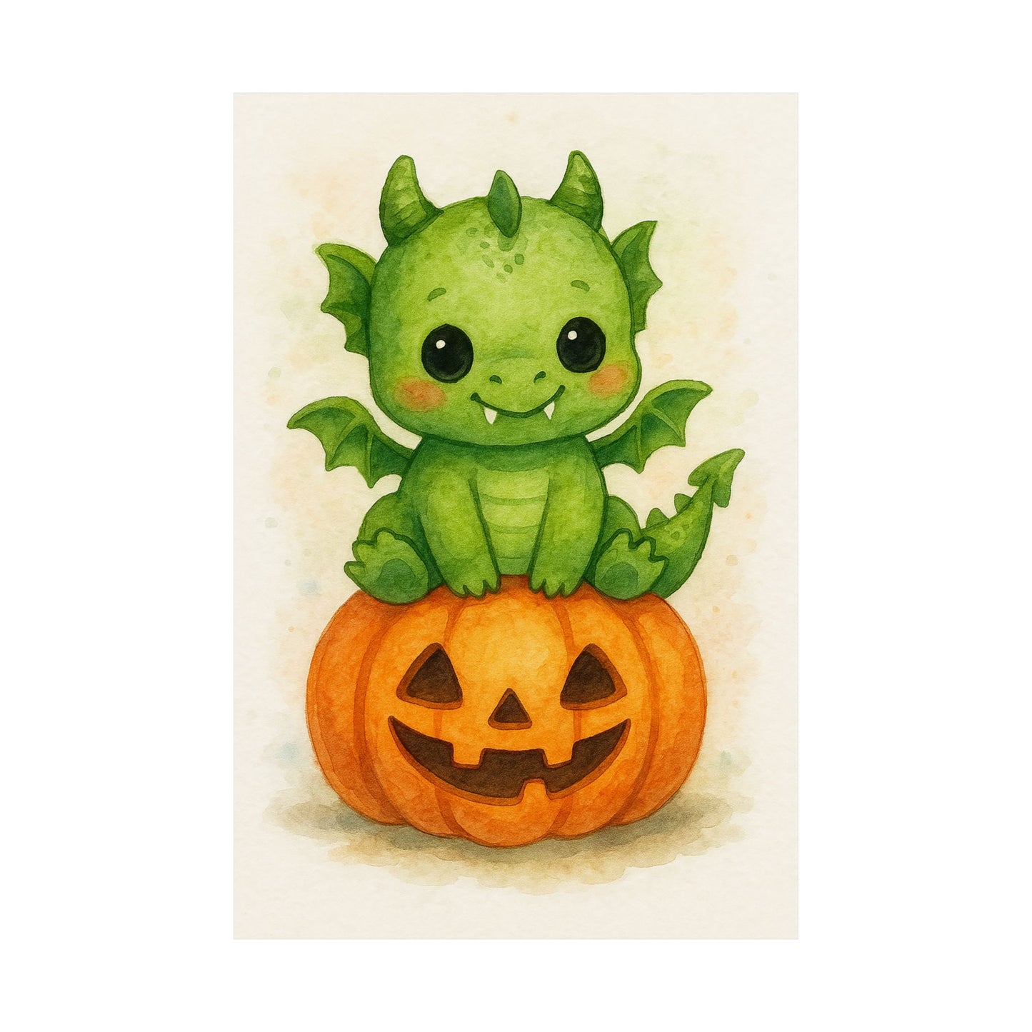 Cute Baby Dragon Monster Halloween Wall Art Poster – Watercolor Monster Print on Pumpkin – Whimsical Nursery & Holiday Decor