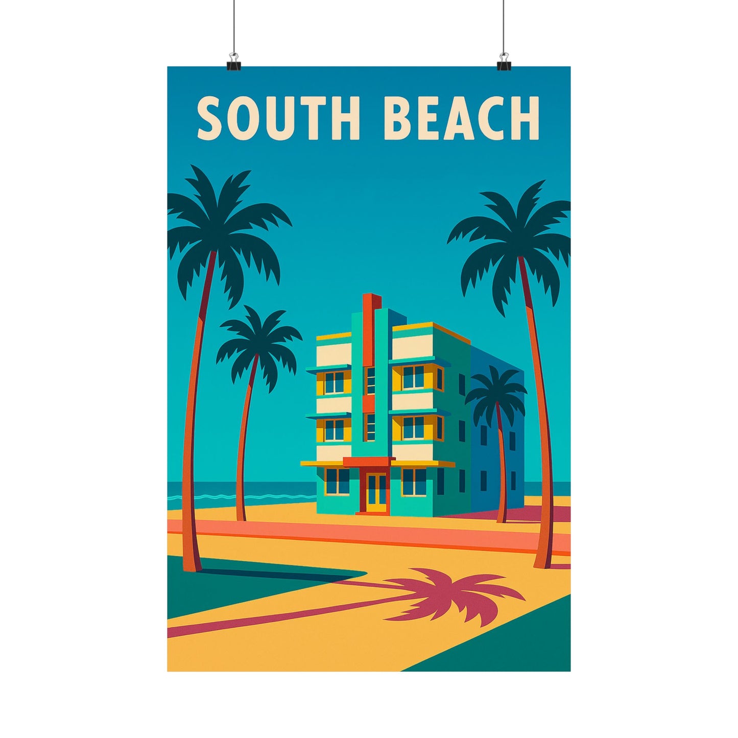 South Beach Miami Poster – Retro Vintage Travel Wall Art, Beach Print, Coastal Decor, Ocean Sunset Artwork