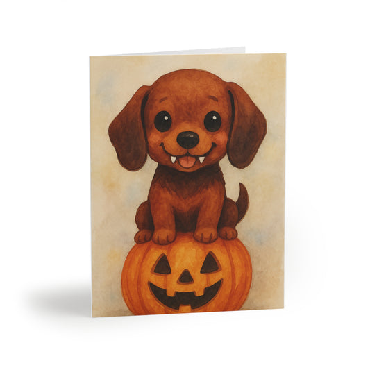 Halloween Dachshund Puppy Greeting Card – Cute Puppy Monster on Pumpkin – Spooky Cute Monster Card for Dog Lovers