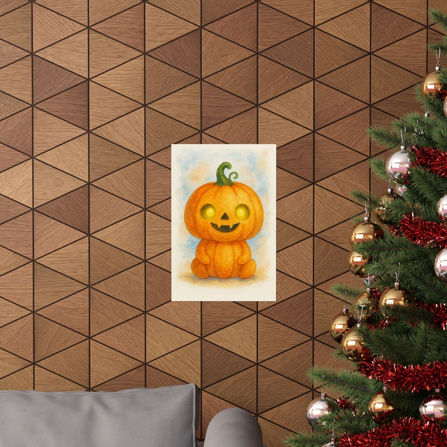 Cute Baby Pumpkin Monster Halloween Wall Art Poster – Watercolor Monster Print on Pumpkin – Whimsical Nursery & Holiday Decor