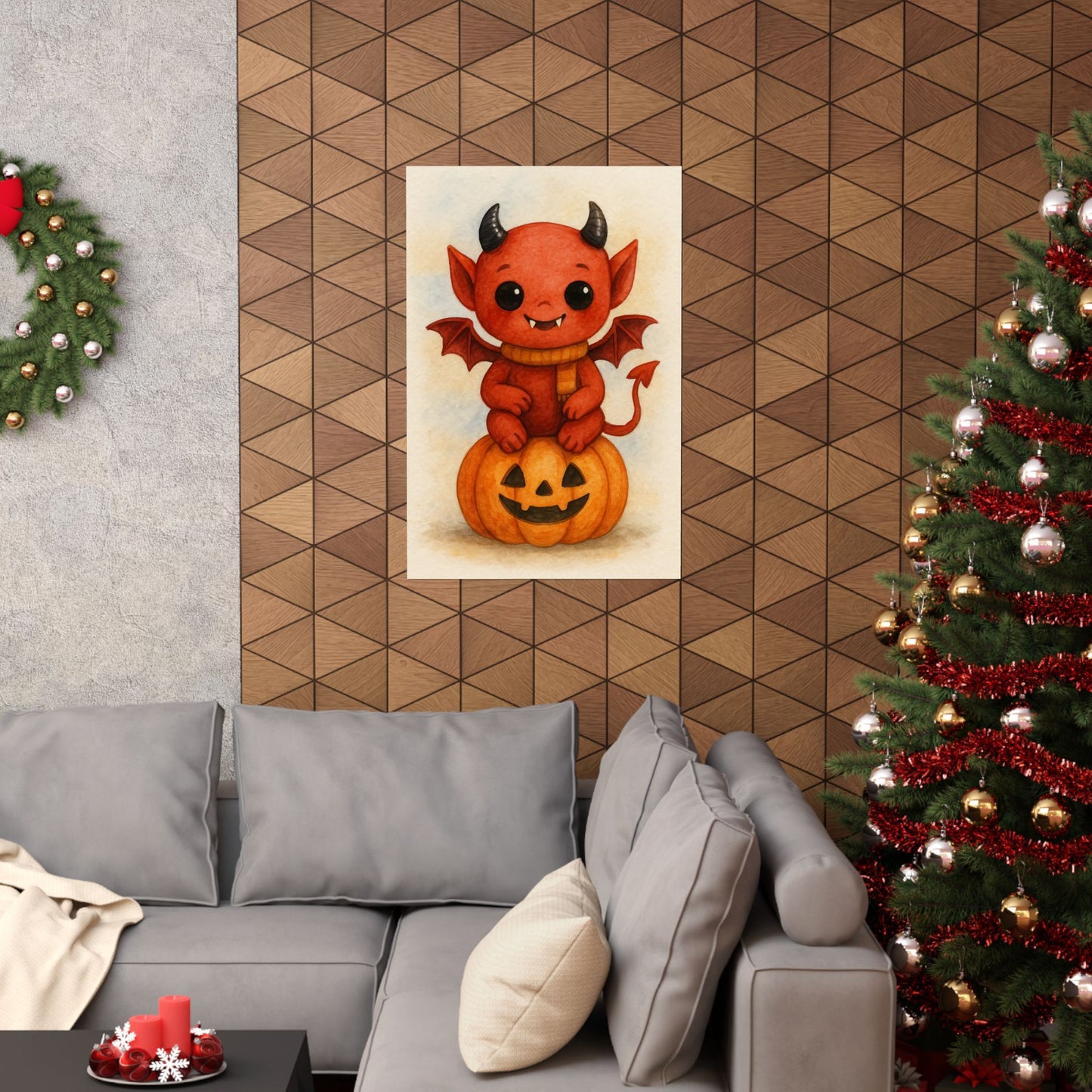 Cute Baby Demon Monster Halloween Wall Art Poster – Watercolor Monster Print on Pumpkin – Whimsical Nursery & Holiday Decor