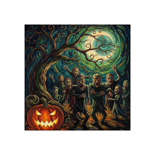 Halloween Zombies Expressionist Fine Art Print – Creepy Pumpkin & Full Moon Wall Art Poster, Spooky Gothic Autumn Decor