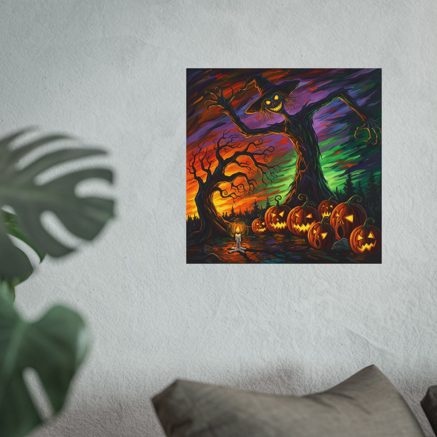 Halloween Scarecrow Expressionist Fine Art Print – Creepy Pumpkin Patch Wall Art Poster, Spooky Autumn Gothic Decor