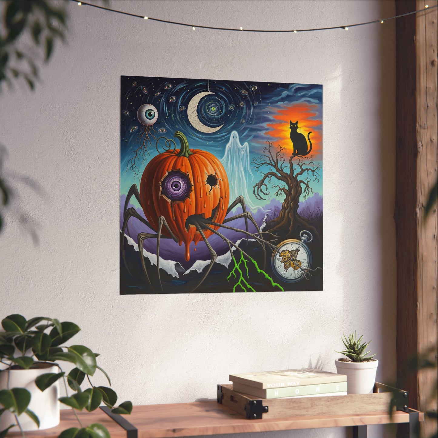 Surreal Halloween Fine Art Print – Spooky Pumpkin Spider, Ghost, Black Cat & Moon Wall Art Poster, Gothic Surrealism Decor