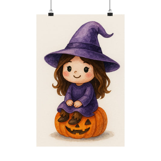 Cute Baby Witch Halloween Wall Art Poster – Watercolor Monster Print on Pumpkin – Whimsical Nursery & Holiday Decor