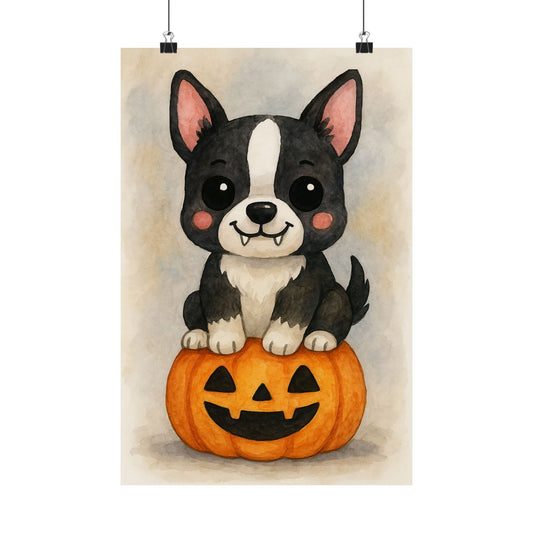 Cute Halloween Puppy Monster Print – Boston Terrier Puppy on Jack-o’-Lantern Pumpkin | Watercolor Dog Wall Art for Fall & Halloween Décor