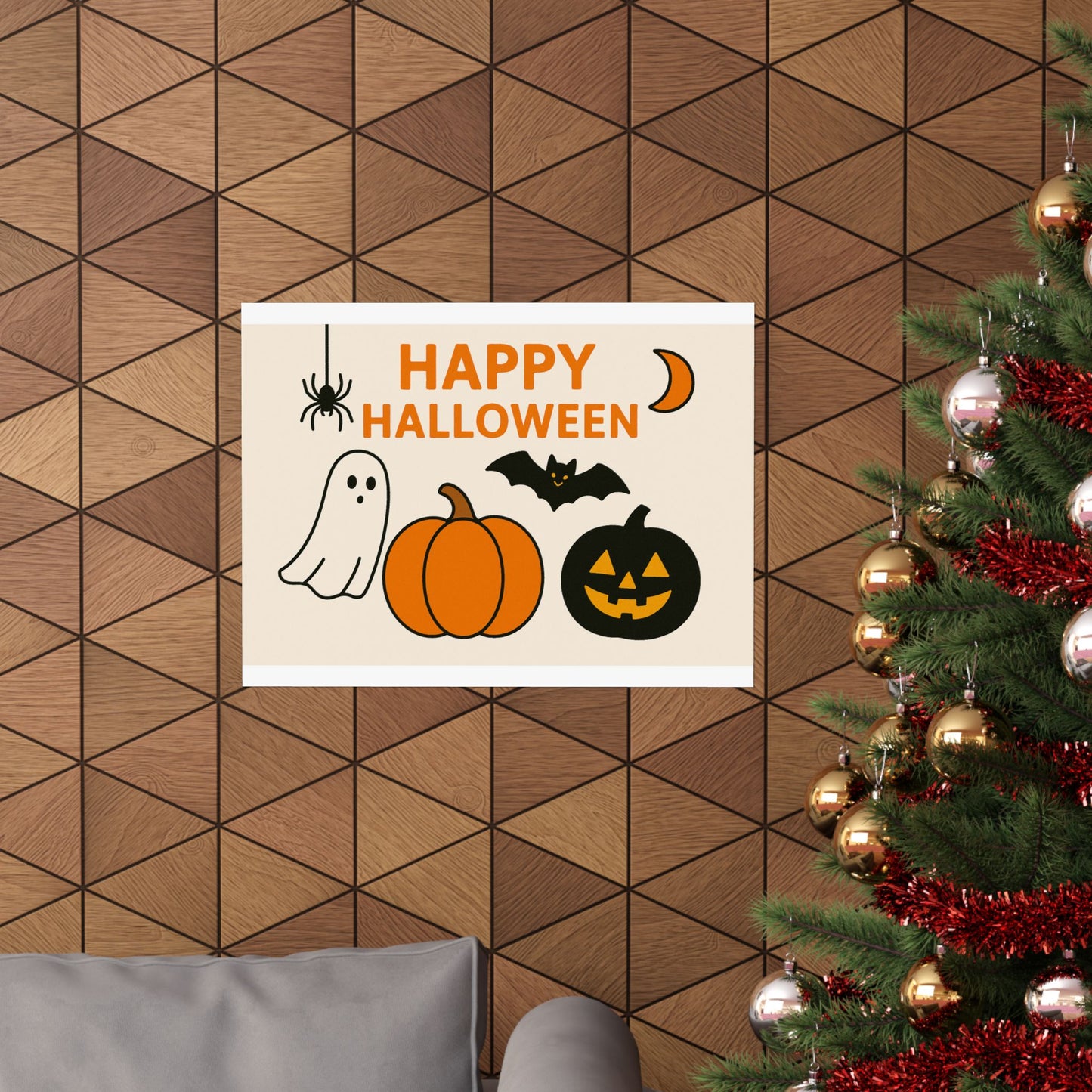 Happy Halloween Minimalist Poster – Cute Ghost, Pumpkin, Bat & Spider Wall Art | Print or Download