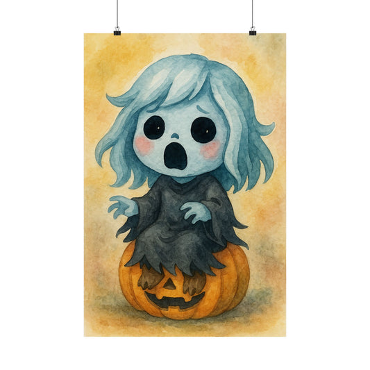 Cute Baby Banshee Monster Halloween Wall Art Poster – Watercolor Baby Monster on Pumpkin – Whimsical Holiday Decor