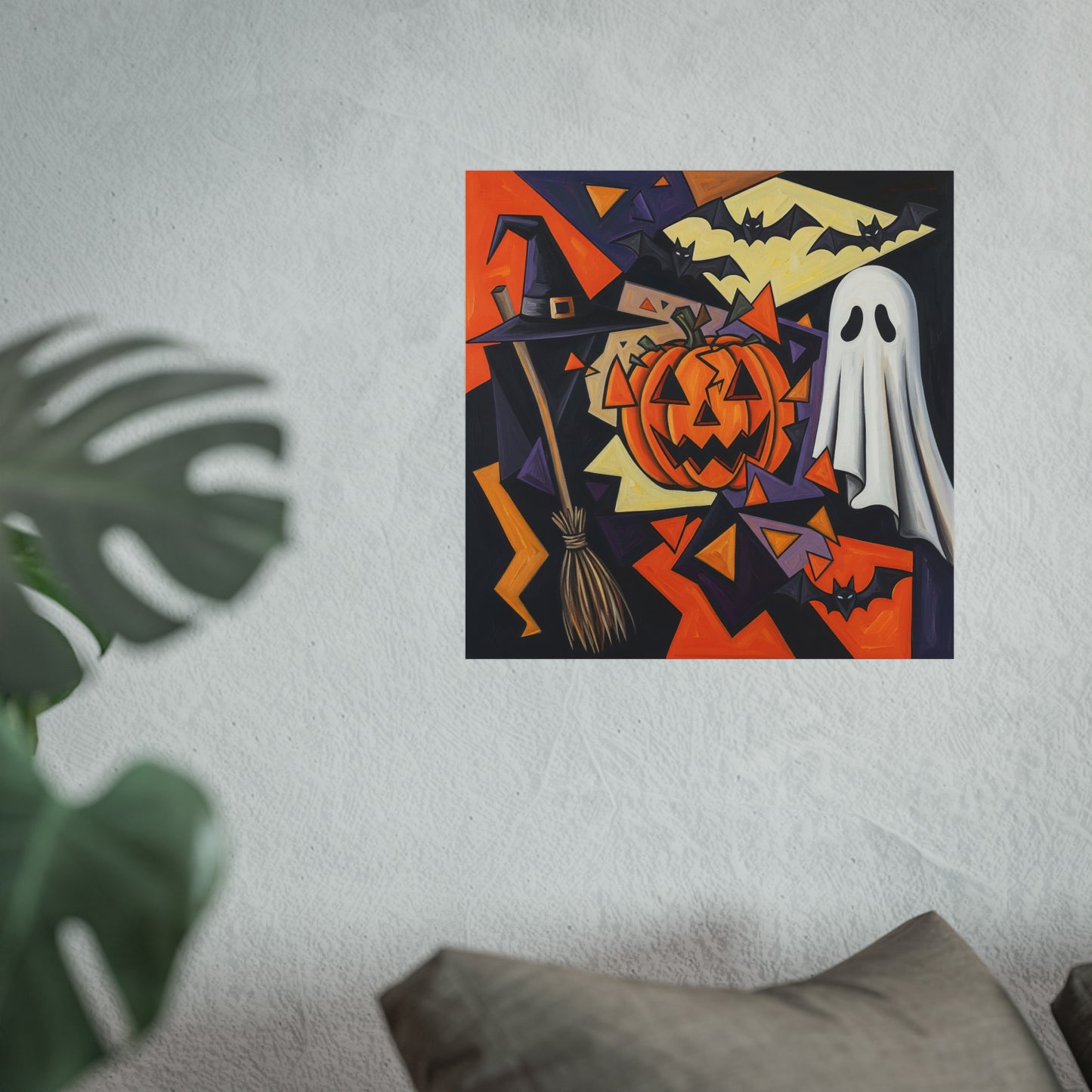Cubist Halloween Fine Art Poster – Abstract Jack-O’-Lantern, Ghost & Witch Hat Wall Décor