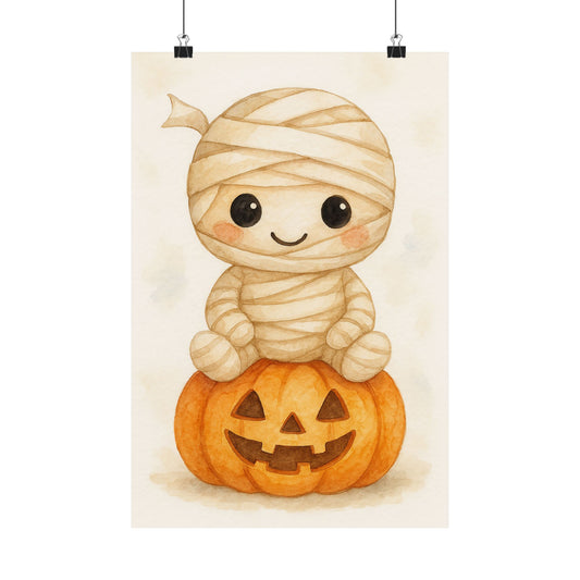 Cute Baby Mummy Monster Halloween Wall Art Poster – Watercolor Monster Print on Pumpkin – Whimsical Nursery & Holiday Decor