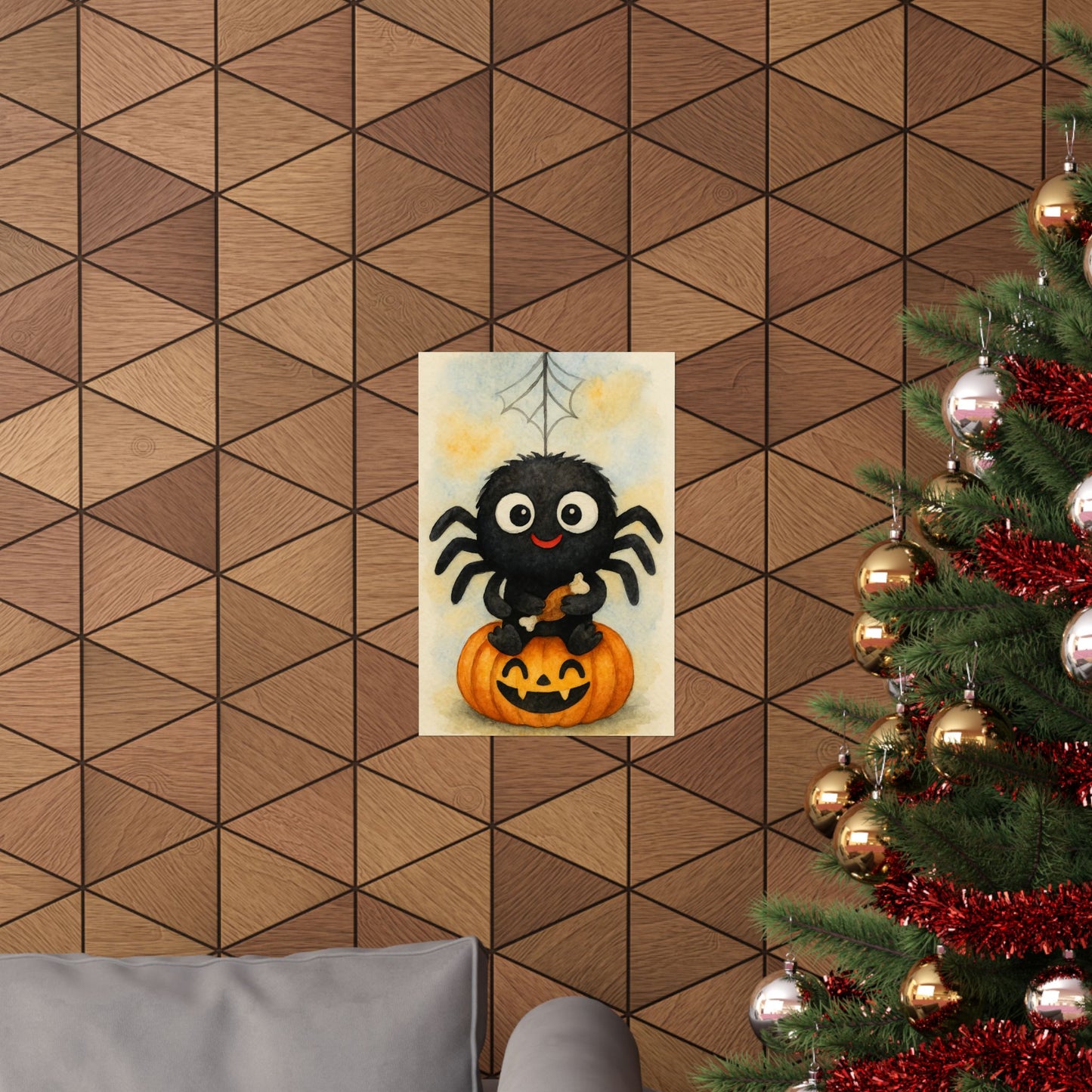 Cute Baby Black Spider Halloween Wall Art Poster – Watercolor Monster Print on Pumpkin – Whimsical Nursery & Holiday Decor