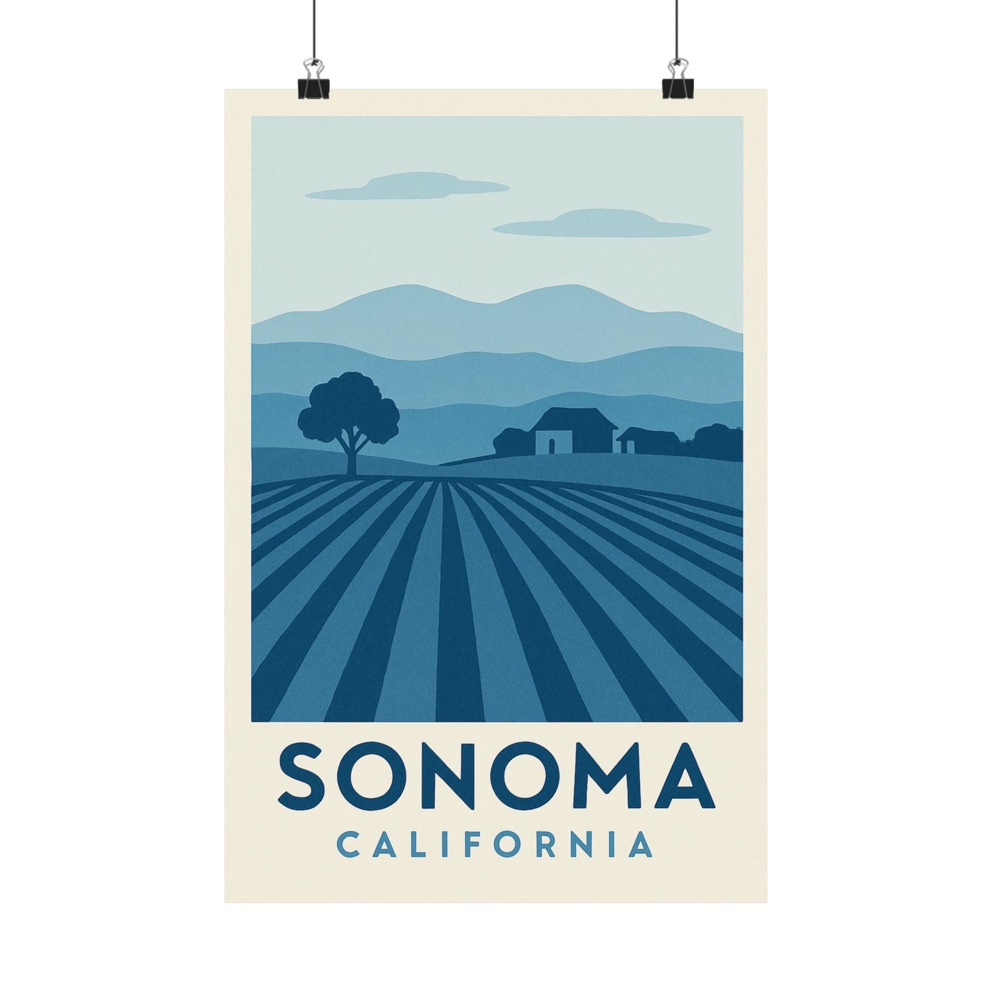Sonoma Poster – Blue Tones - Retro Wine Country Wall Art, California Vineyard Landscape Print, Minimalist Travel Decor