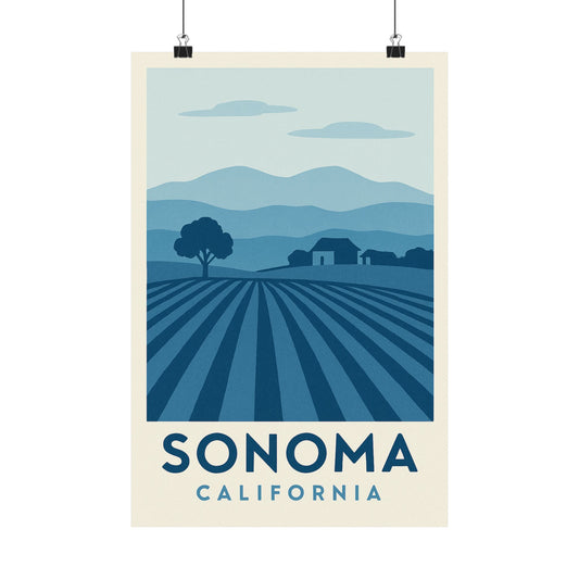 Sonoma Poster – Blue Tones - Retro Wine Country Wall Art, California Vineyard Landscape Print, Minimalist Travel Decor