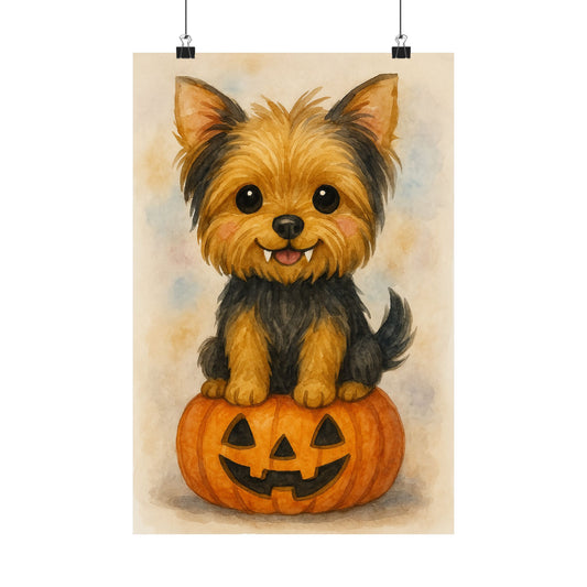 Cute Halloween Puppy Monster Print – Yorkshire Terrier Puppy on Jack-o’-Lantern Pumpkin | Watercolor Dog Wall Art for Fall & Halloween Décor