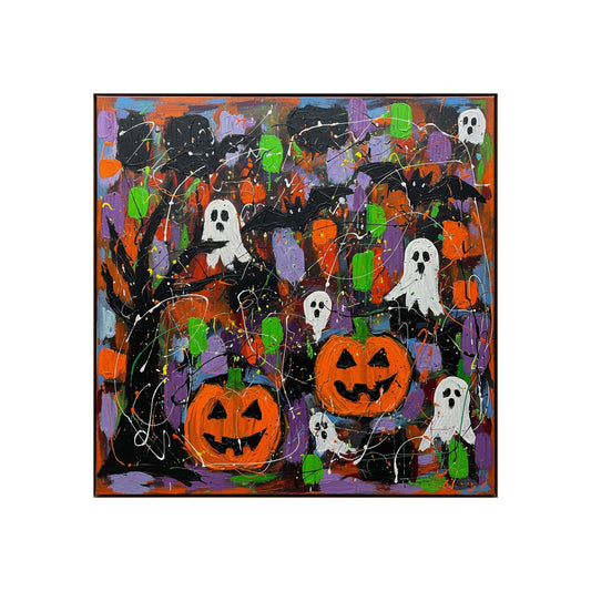 Halloween Ghosts & Pumpkins Abstract Expressionist Fine Art Print – Colorful Spooky Wall Art Poster, Modern Autumn Party Decor