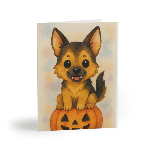 Halloween German Shepherd Puppy Greeting Card – Cute Puppy Monster on Pumpkin – Spooky Cute Monster Card for Dog Lovers