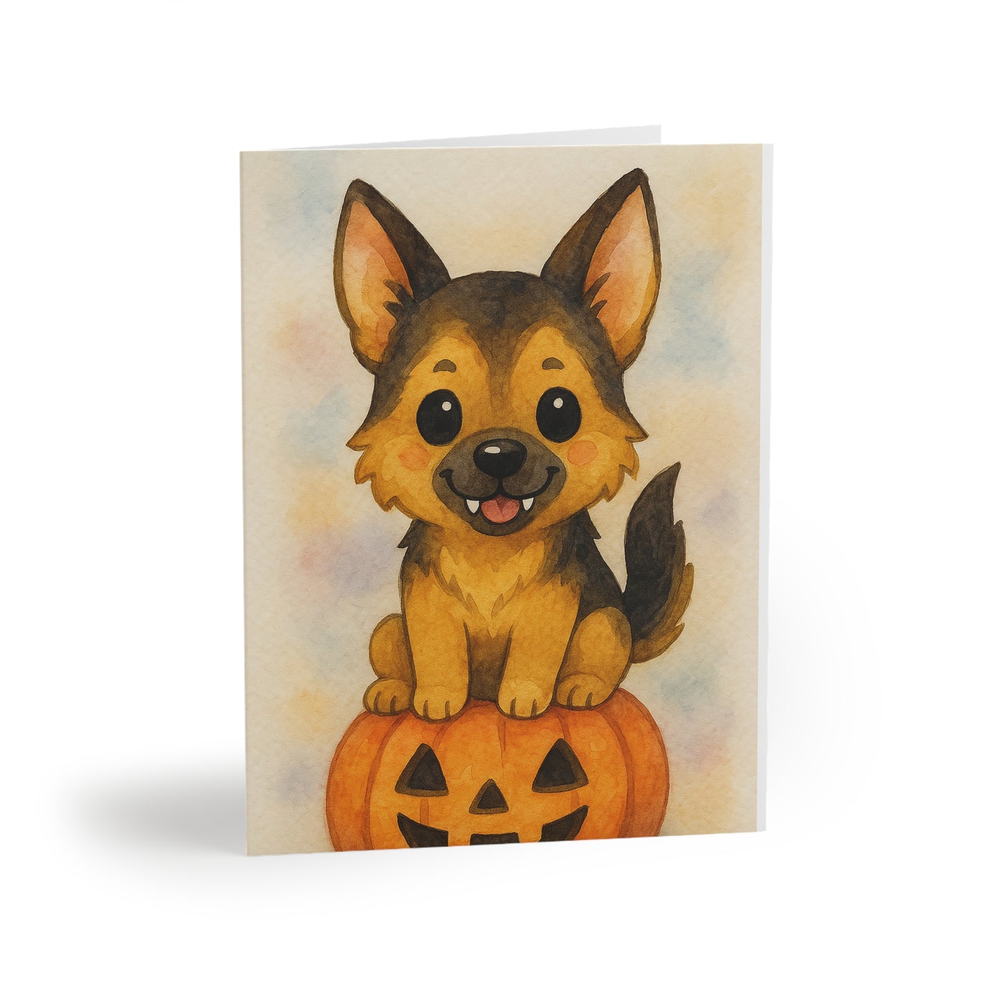 Halloween German Shepherd Puppy Greeting Card – Cute Puppy Monster on Pumpkin – Spooky Cute Monster Card for Dog Lovers