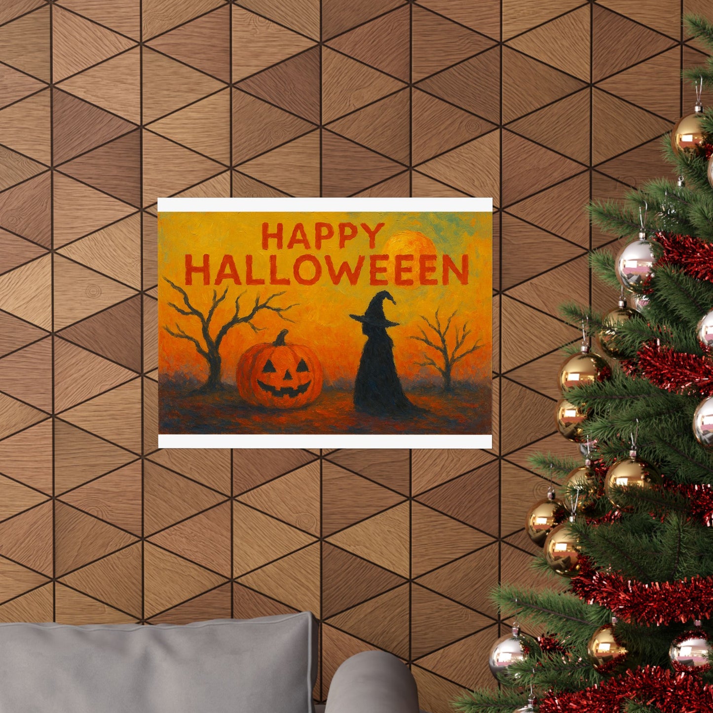Happy Halloween Witch & Pumpkin Poster – Spooky Wall Art, Halloween Spooky Art, Autumn Home Decor
