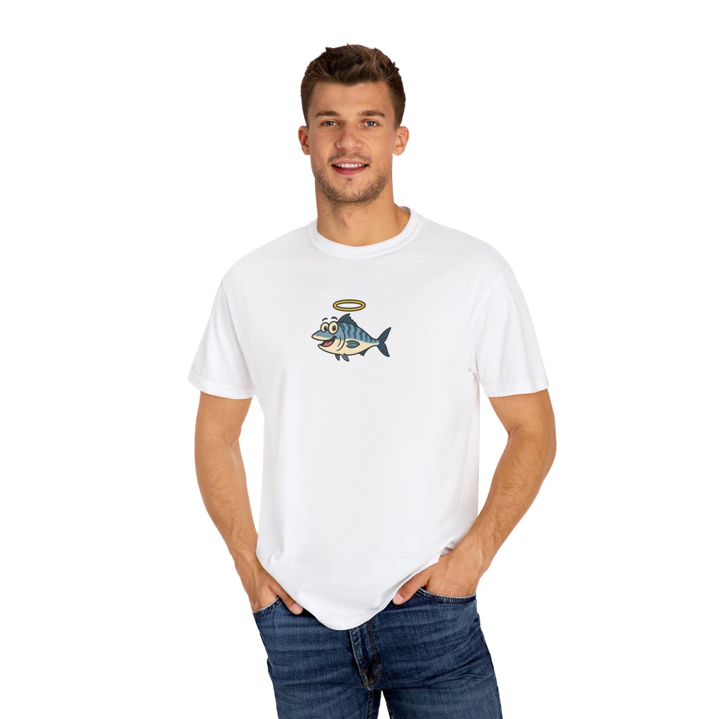 Holy Mackerel T-Shirt | Funny Cartoon Fish Shirt with Halo | Ocean Pun Graphic Tee