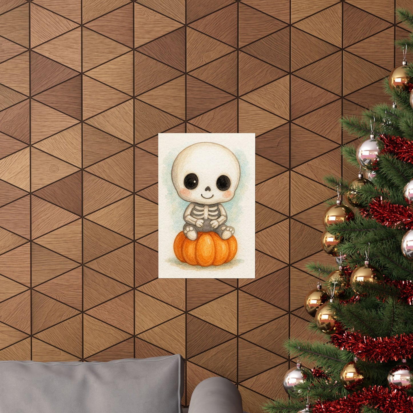 Cute Baby Skeleton Halloween Wall Art Poster – Watercolor Monster Print on Pumpkin – Whimsical Nursery & Holiday Decor