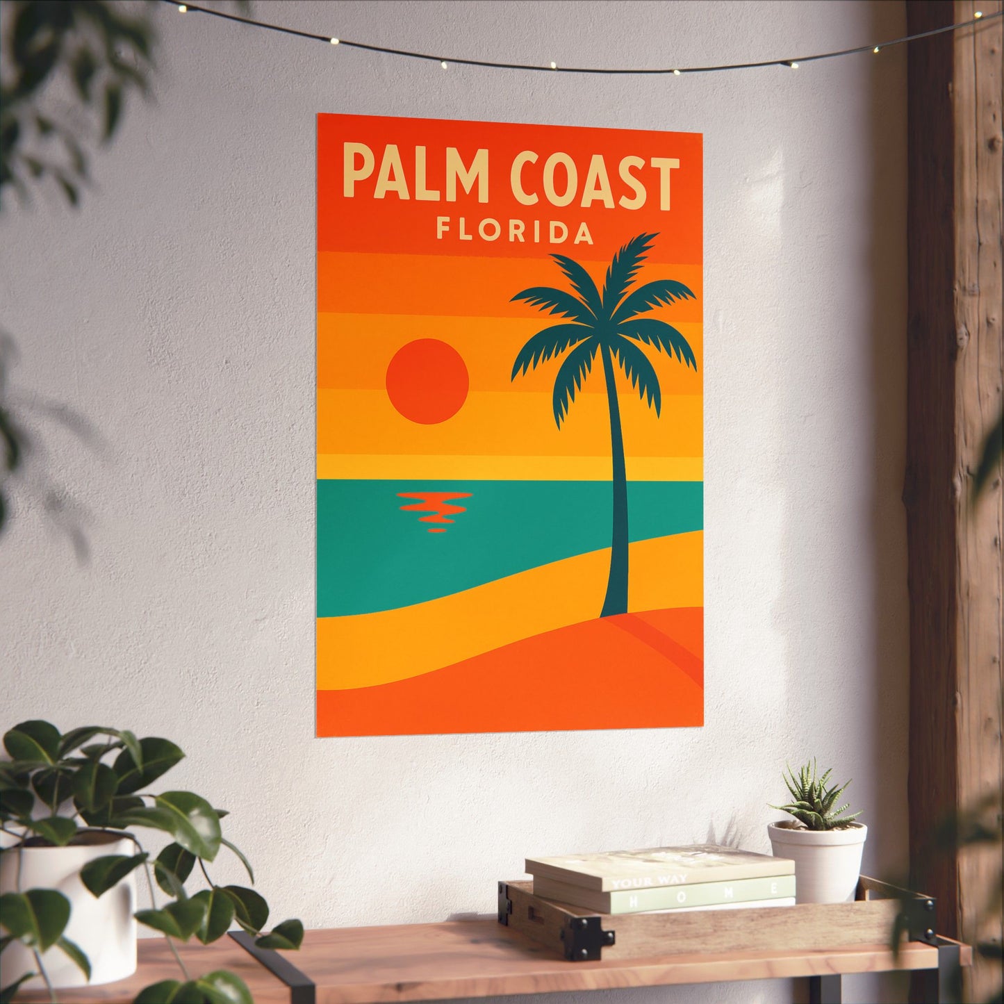Palm Coast Beach Poster – Retro Travel Print, Tropical Palm Tree & Sunset Wall Art, Coastal Landscape Décor (Various Sizes)