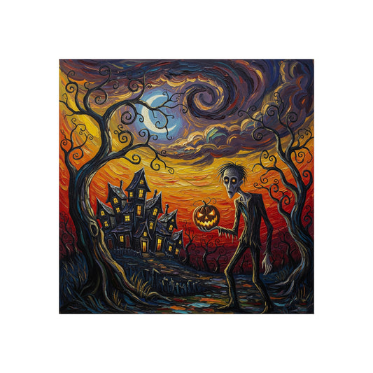 Halloween Haunted House Abstract Expressionist Fine Art Print – Spooky Pumpkin Head Character Wall Art Poster, Gothic Autumn Decor