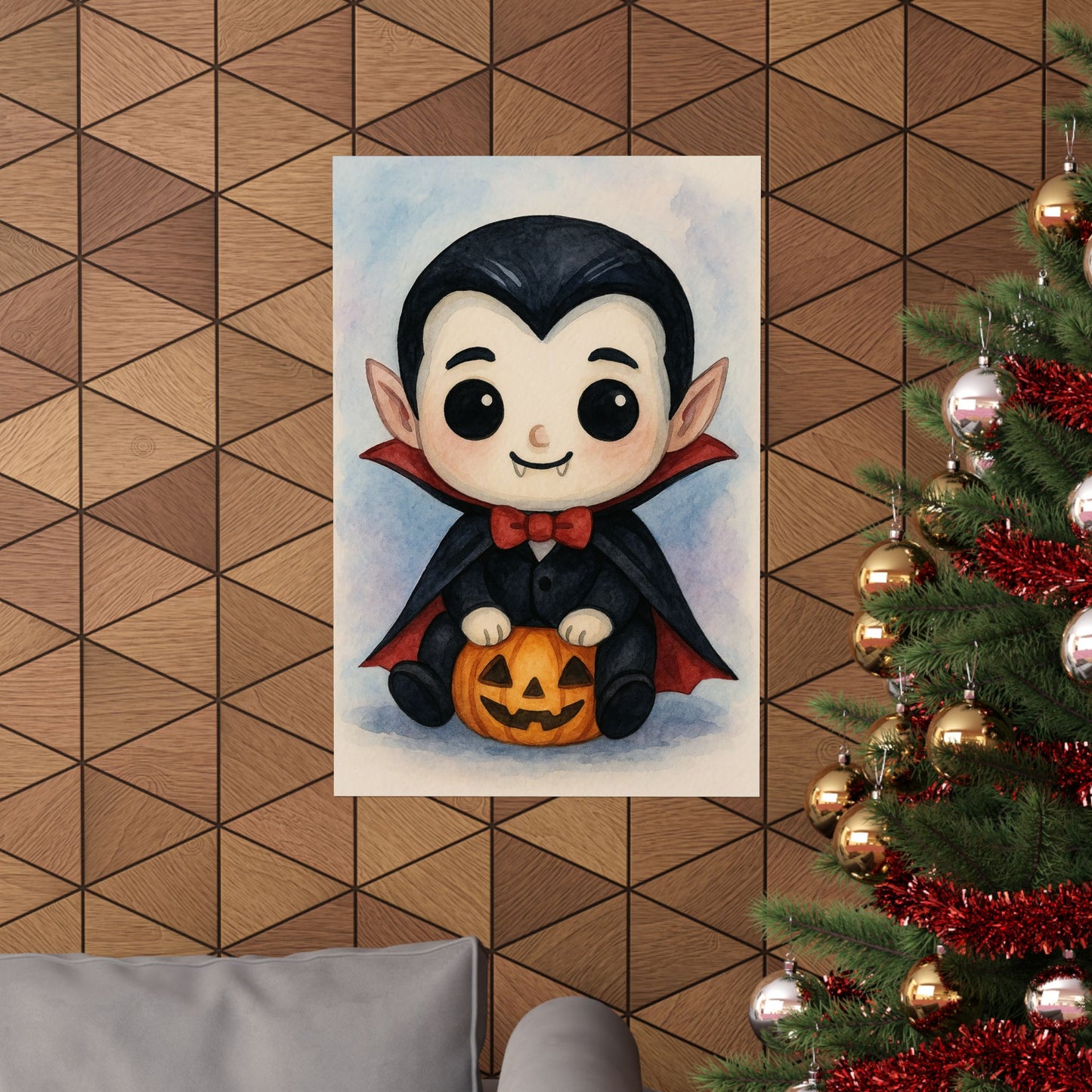 Cute Baby Vampire Halloween Wall Art Poster – Watercolor Monster Print on Pumpkin – Whimsical Nursery & Holiday Decor