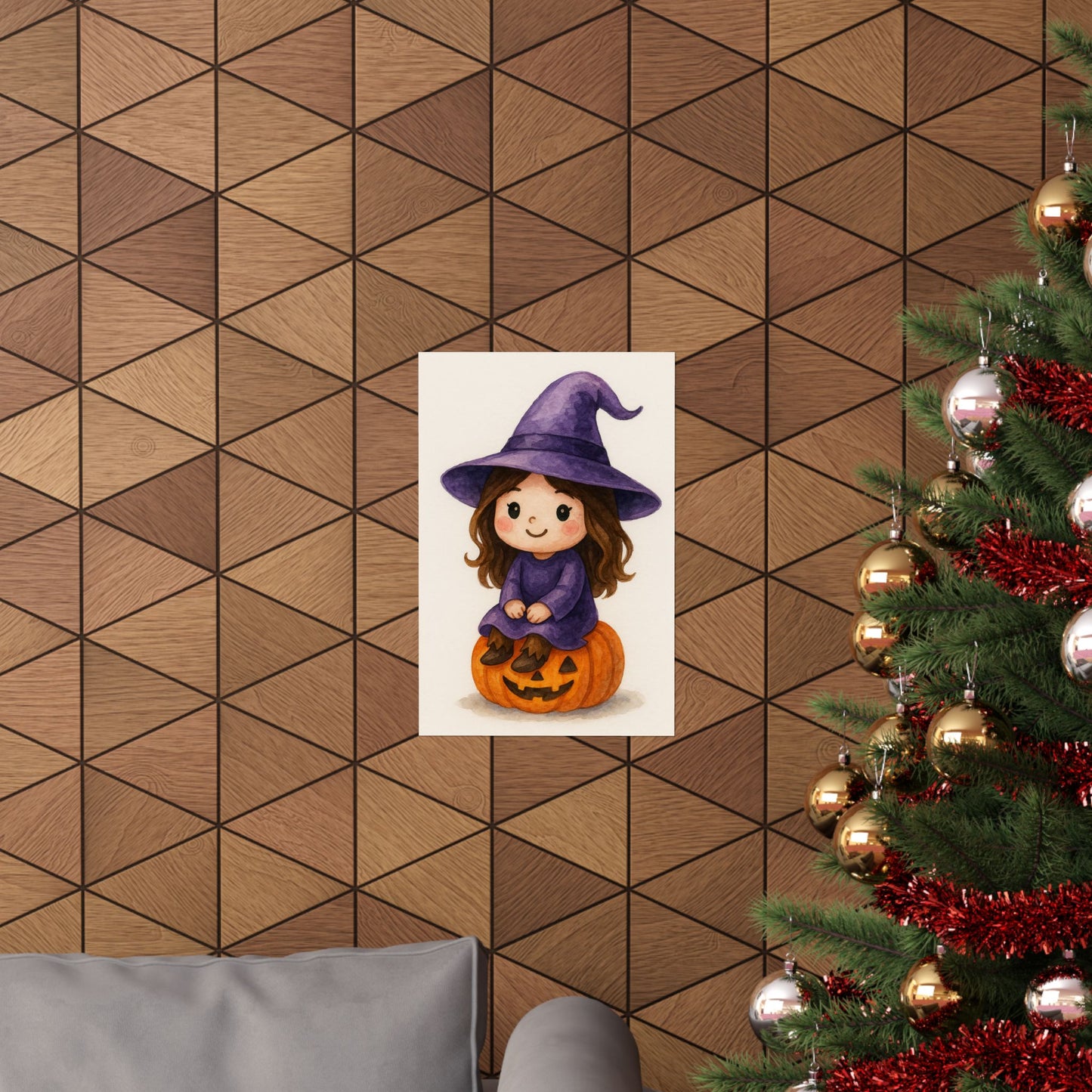 Cute Baby Witch Halloween Wall Art Poster – Watercolor Monster Print on Pumpkin – Whimsical Nursery & Holiday Decor