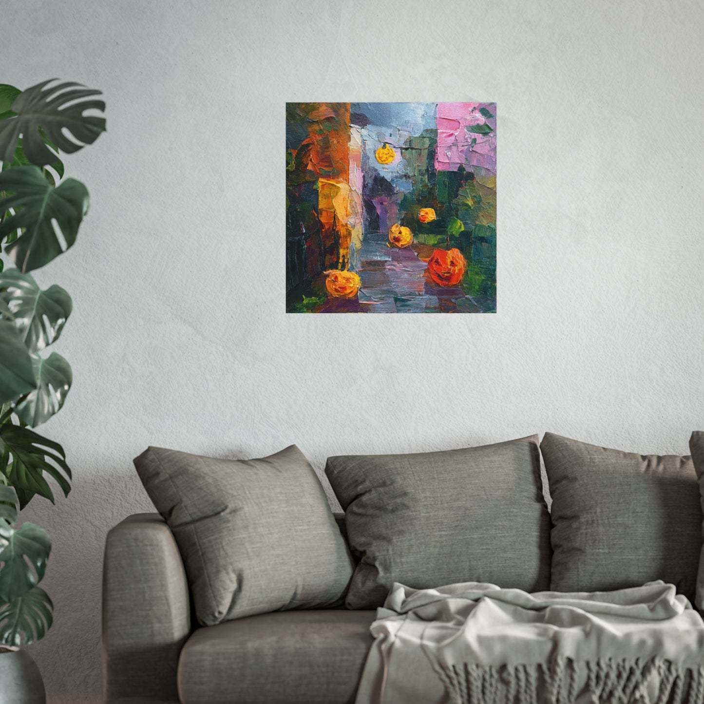 Halloween Pumpkin Abstract Fine Art Print – Colorful Street Scene Wall Art Poster, Modern Autumn Home Decor