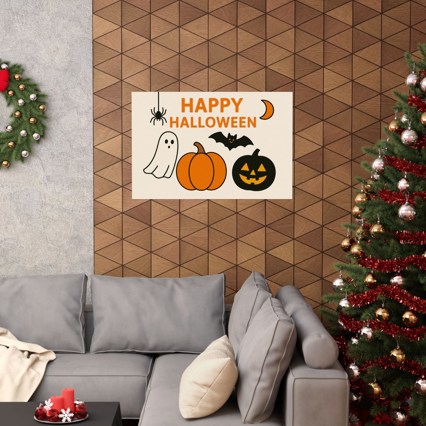 Happy Halloween Minimalist Poster – Cute Ghost, Pumpkin, Bat & Spider Wall Art | Print or Download