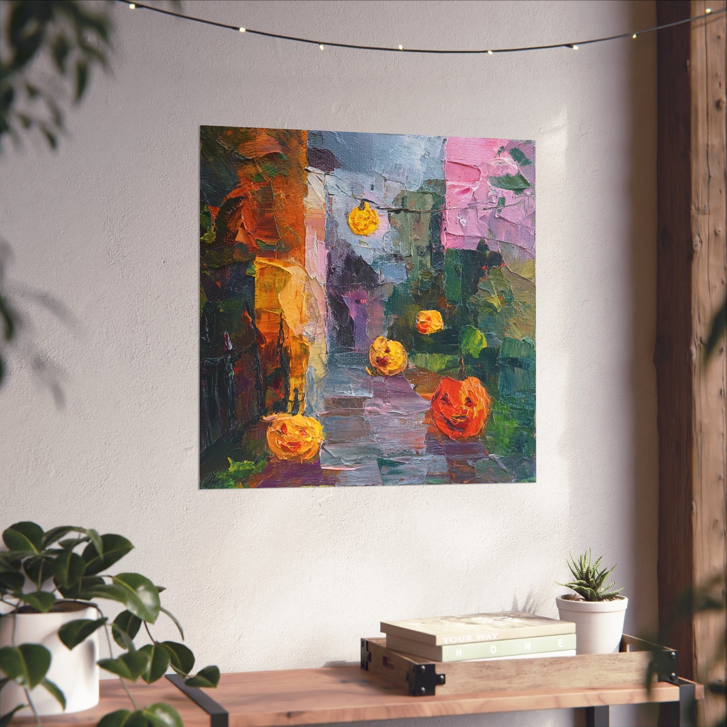 Halloween Pumpkin Abstract Fine Art Print – Colorful Street Scene Wall Art Poster, Modern Autumn Home Decor