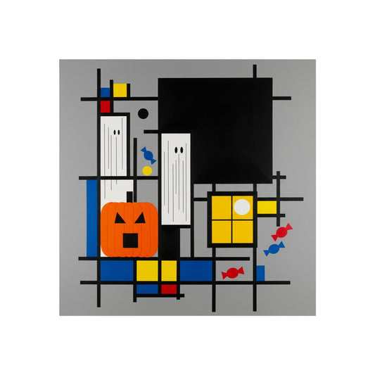 Modern Halloween Abstract Fine Art Print – Geometric Pumpkin, Ghosts & Candy Wall Art Poster, Mondrian Style Contemporary Decor